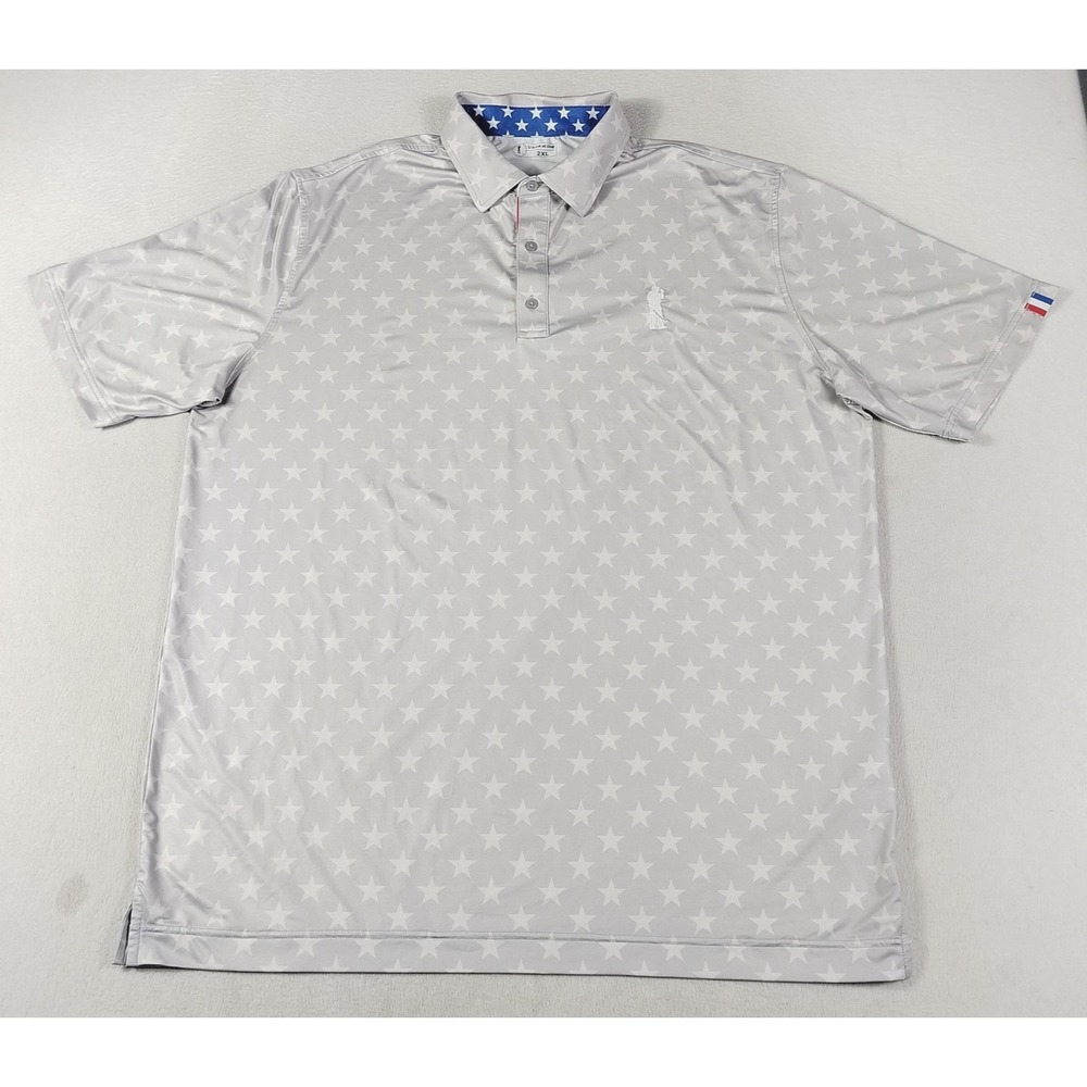 U Suck At Golf Polo Shirt Mens 2XL Gray Star Print Patriotic Stretch Golf Casual